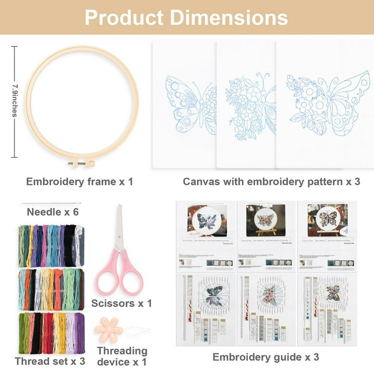 Embroidery Kits for Beginners Butterfly Flower Themed, 3 Sets Sewing Cross  Stitch Starter Kit Craft Stamped Cloth with Embroidery Hoops Threads and  Needles for Adults 