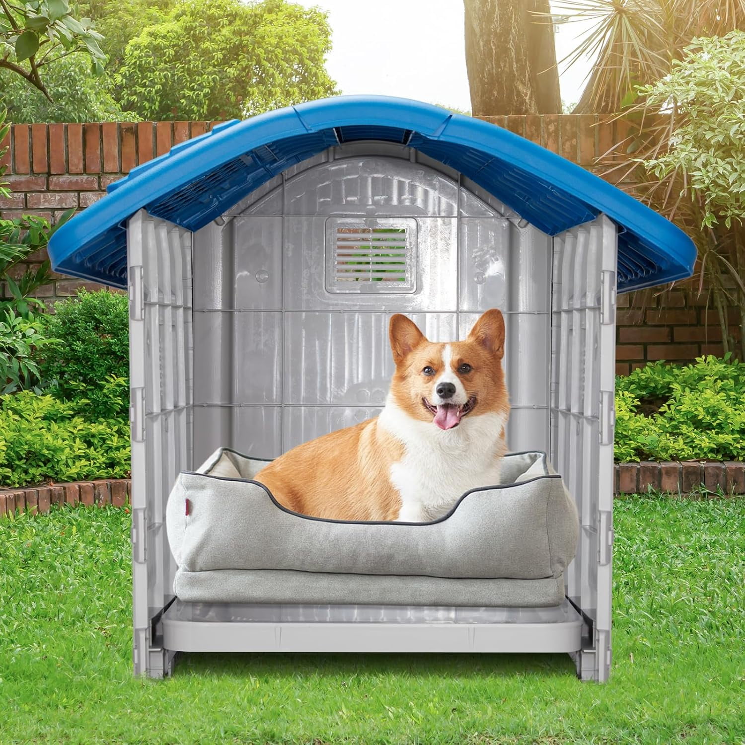 Outdoor Dog House, Plastic Dog Shelter for Small to Medium Size Dogs Waterproof, Durable Indoor Puppy House with Air Vents, Elevated Floor, Easy to Assemble 28"x23"x24"