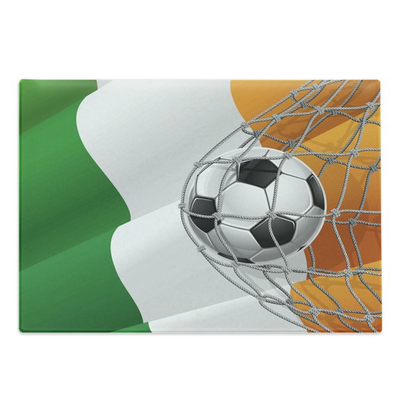 Irish Cutting Board, Sports Theme Soccer Ball in a Net Game Goal with Ireland National Flag Victory Win, Decorative Tempered Glass Cutting and Serving Board, Large Size, Multicolor, by Ambesonne