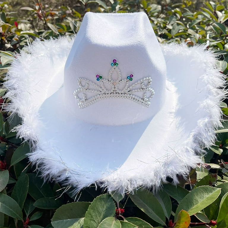 Canis Cowgirl Hat Felt Cowboy Hat for Women Fluffy Feather Brim Shiny Crown Sequins Retro Cap, Women's, Size: One size, White