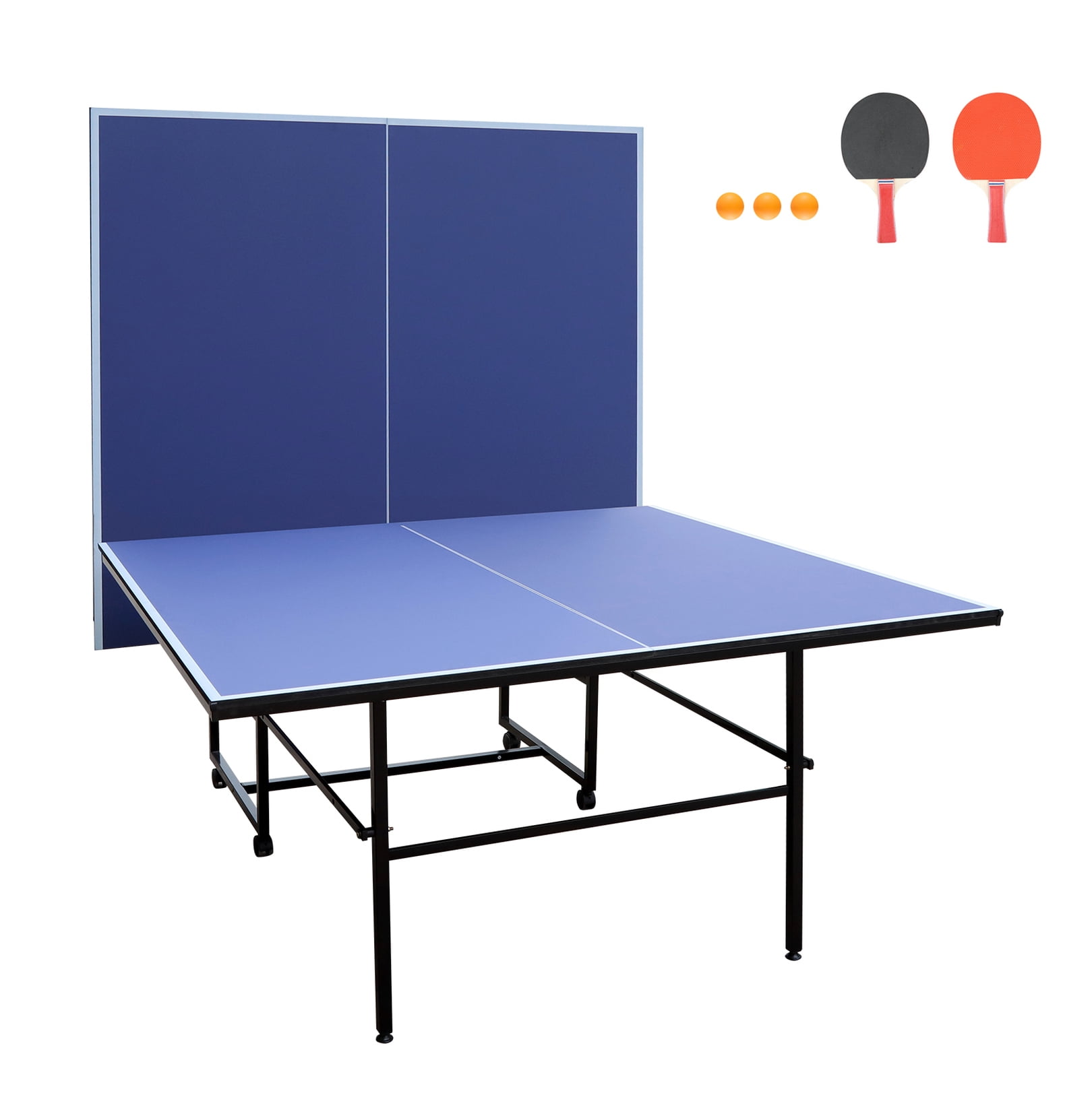 9ft Mid-Size Table Tennis Table Foldable & Portable Ping Pong Table Set for Indoor Games with Net, 2 Table Tennis Paddles and 3 Balls