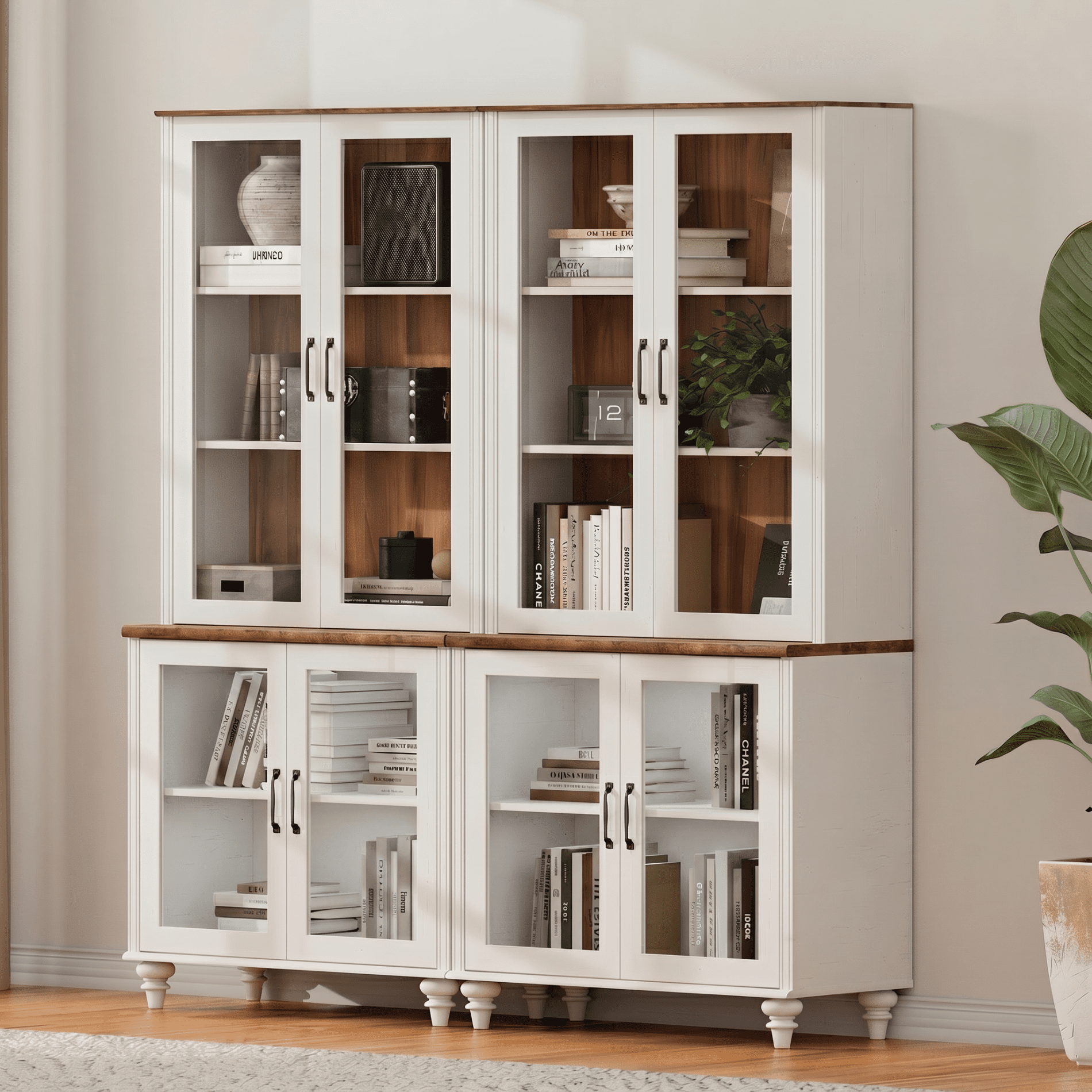 Sideboard Buffet Cabinet with Storage, 5-Tier Bookcase with Glass Doors and Adjustable Shelf, Large Library Wooden Bookshelves for Living Room, Office, Kitchen, White, 72" H