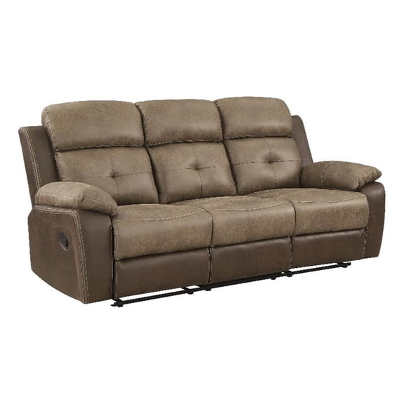 Pemberly Row Polished Microfiber Double Manual Reclining Sofa in Brown