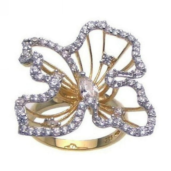 Sterling Silver 925 Gold Plated Open Abstract Flower Ring White Cubic Zirconia Jewelry Female Size 8