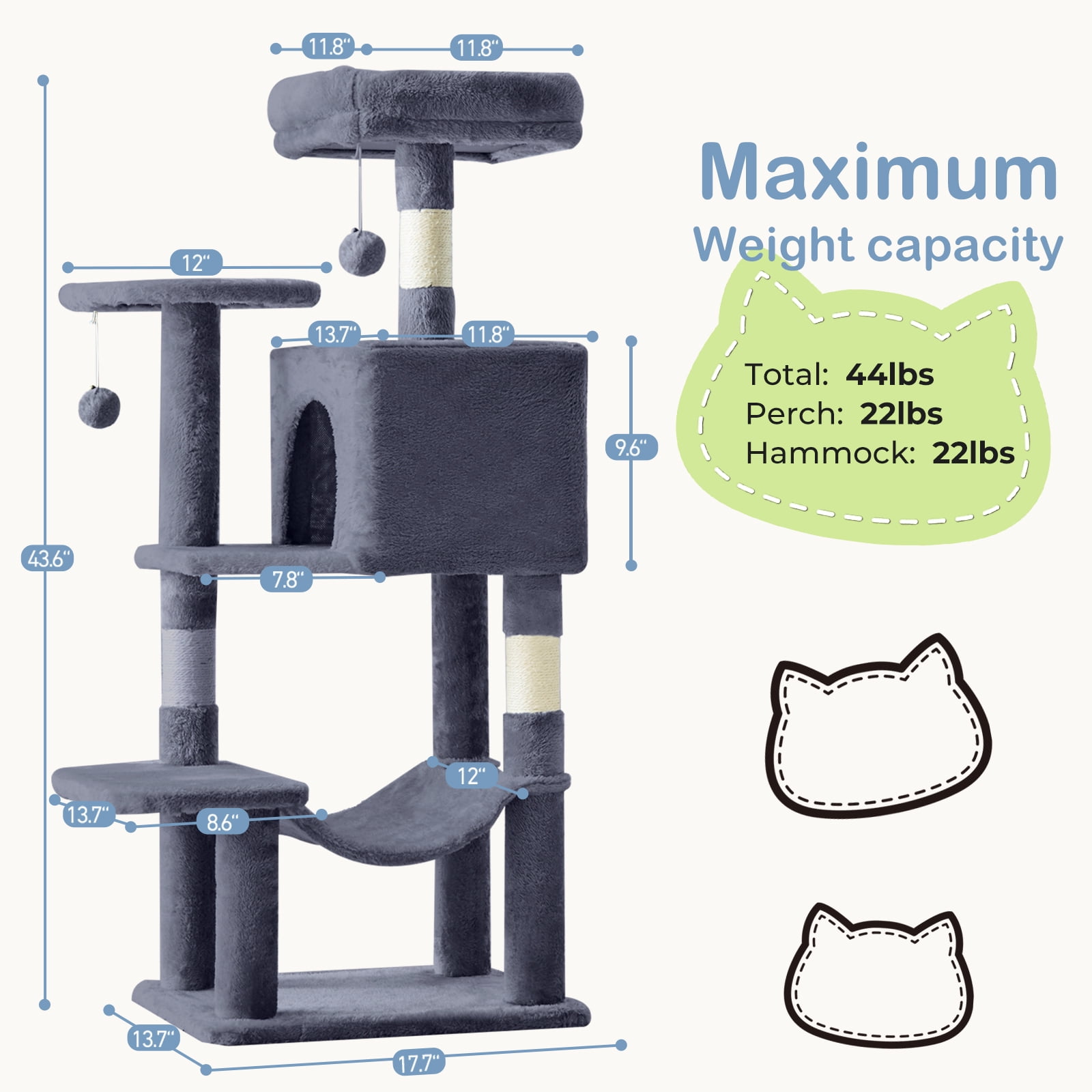 GIANNA 44-Inch Cat Tower with Large Condo, Climbing Ladder, and More Cat Stuff, Grey