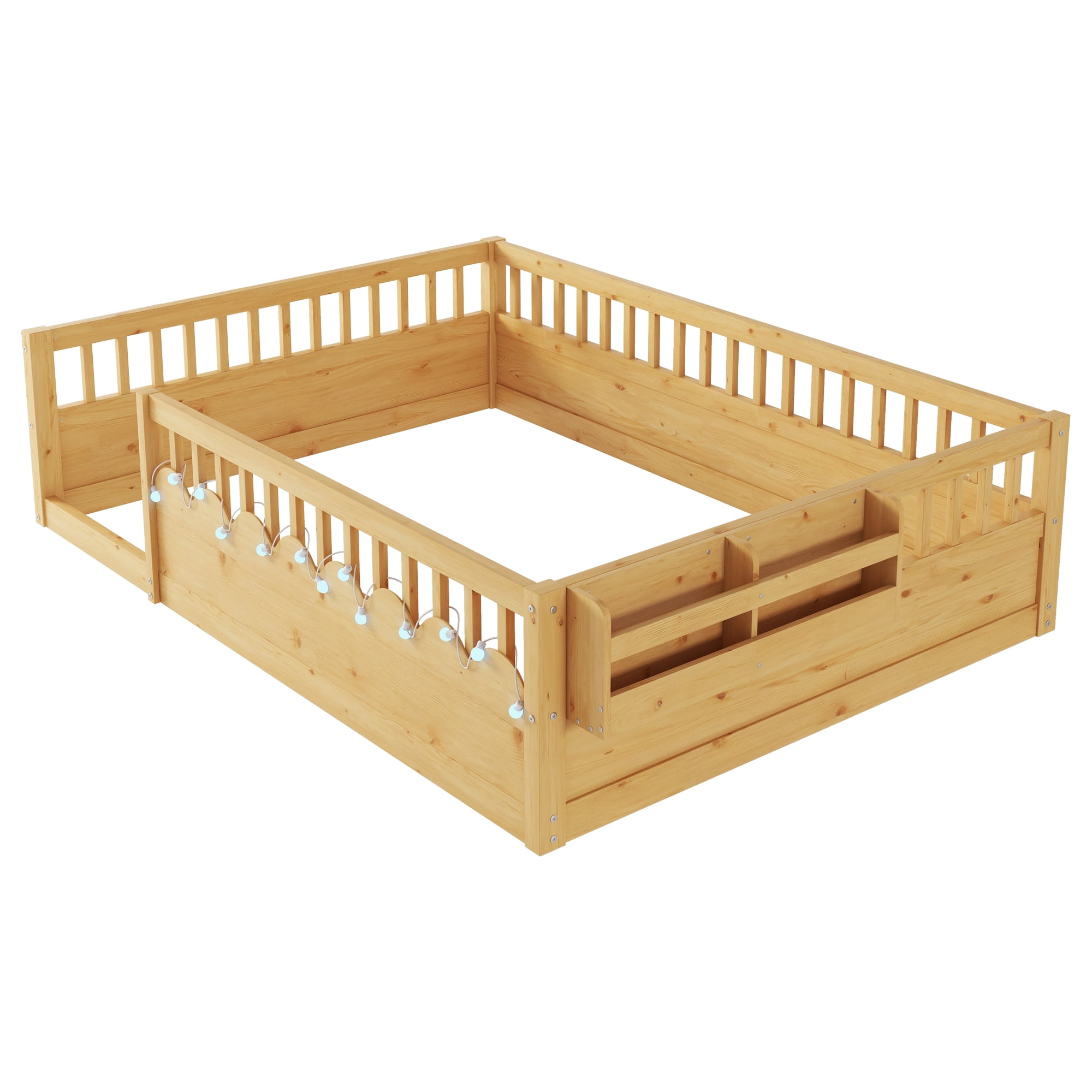 Euroco Wood Full Size Montessori Floor Bed with Guardrails and LED Light, Kids Bed with Storage Shelves, Natural