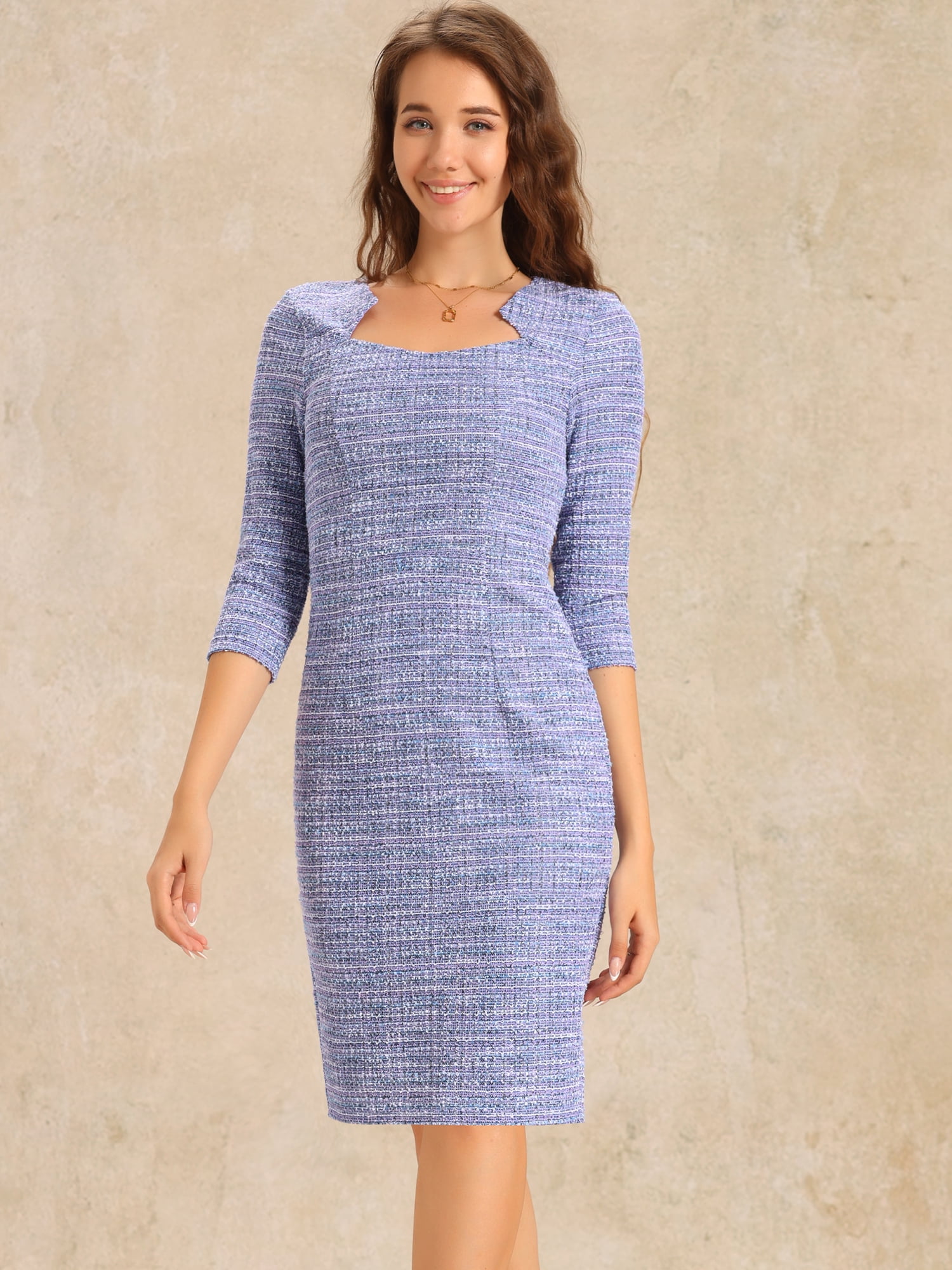 DARING DIVA Elegant Dress Plaid Tweed Bodycon Dress L Purple Blue