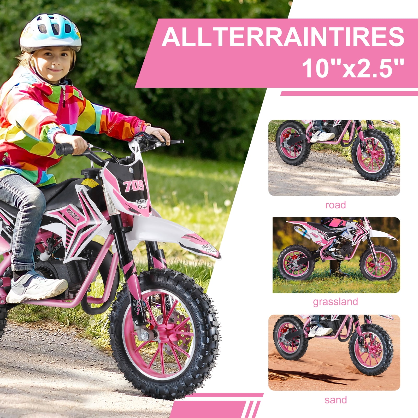 Fompes 49CC 2-Stroke Gas Powered Mini Dirt Bike Kids Dirt Bike 30KM/H Max Speed Easy Pull Start Front & Rear Disc Brakes 330LBS Capacity - Pink