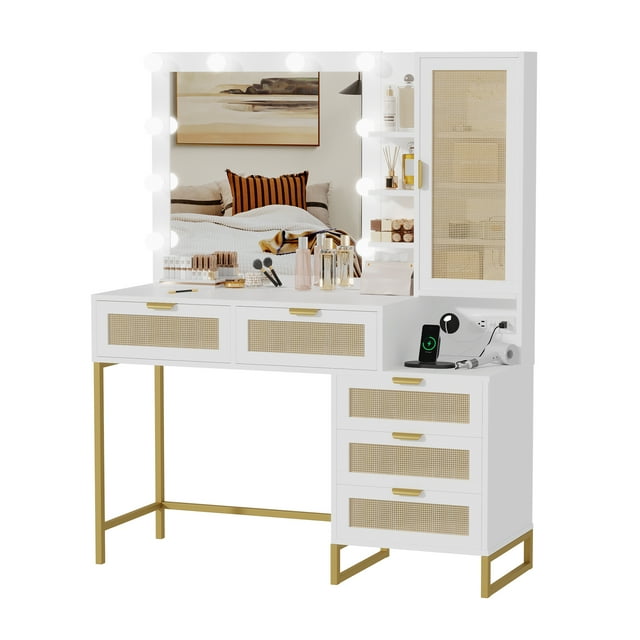 BeesClover Coiffeuse Moderne Blanche et Dorée avec Miroir à DEL Éclairé, 5 Tiroirs