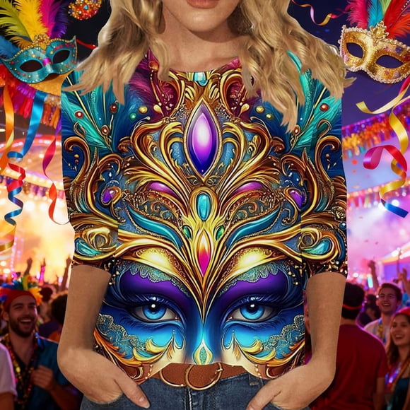 Ounisa 2025 Womens 3/4 Sleeve Tops Mardi Gras Costumes Fashion Round Neck Color Printed Blouse