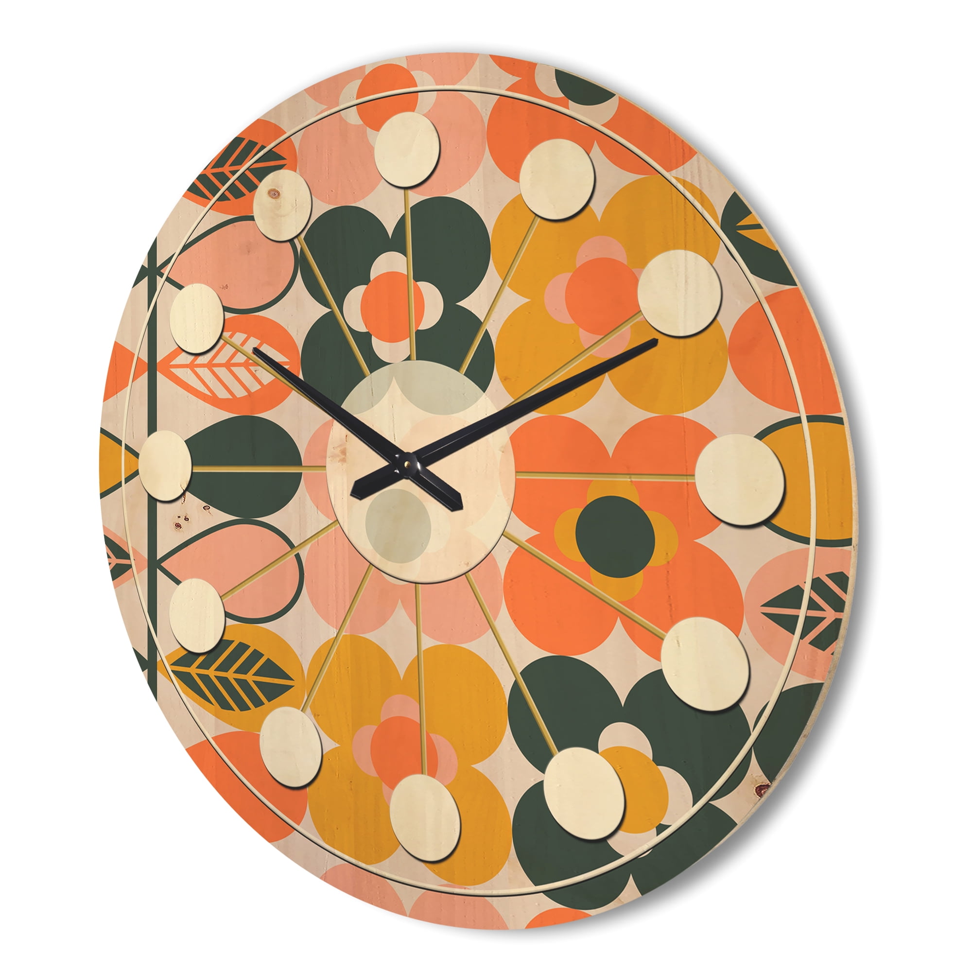 Designart 'Botanical Retro Pattern Design II' Mid-Century Modern Wood Wall Clock