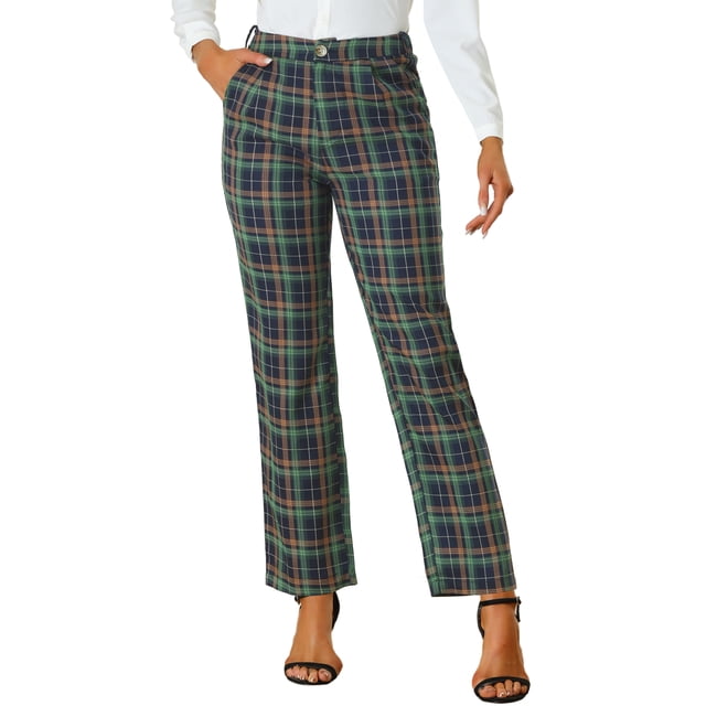 pantalones a cuadros casuales para mujer, bolsillos, pierna recta, trabajo, oficina, pantalones azul verde xs Vista frontal 3/4 de piernas completas: pantalones rectos a cuadros azul y verde con patrón grande, cinturilla elástica de cintura alta con cierre de botón visible, bolsillos laterales y silueta recta hasta el tobillo sobre fondo blanco; apropiados para looks de oficina o casuales, también suelen combinarse con top corto y tacones.