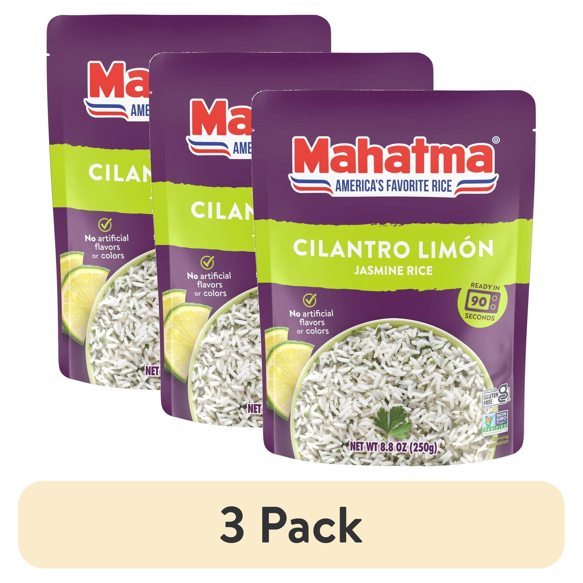 (3 pack) Mahatma Ready-to-Eat Cilantro Limon Jasmine Rice, Microwaveable Rice, Gluten Free, 8.8 oz Pouch