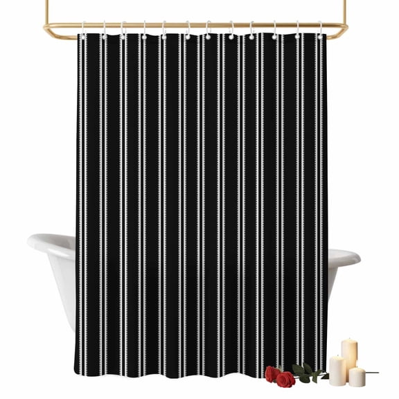Black White Stripes Bathroom Shower Curtains with Hooks, Modern Black Verticals Lines Waterproof Fabric Washable Shower Curtain for Home Hotel Bathtub Decor 36x72 Inch
