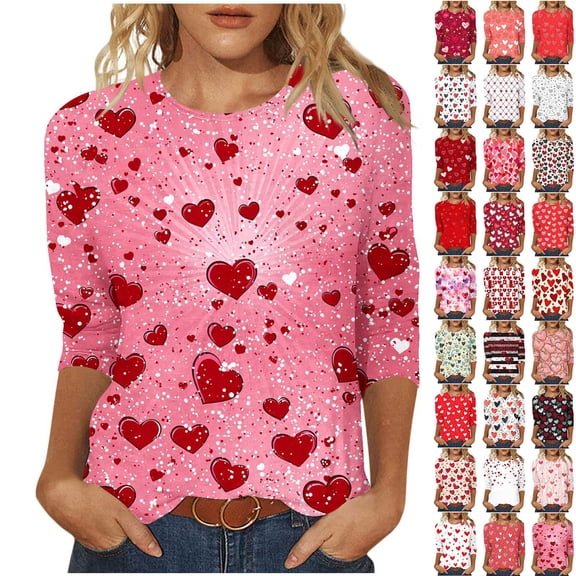 LSLJS Womens T Shirts Plus Size Crewneck 3/4 Sleeve Shirts Tops Casual Valentine's Day Print Graphic Tee Tops, Gifts for Women