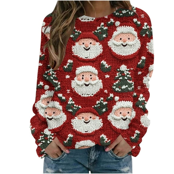 Fall Fashion Must Haves Womens Holiday Season Pullover Sweatshirt Long Sleeve Round Neck Santa Top Women Fall Clothes My Items
