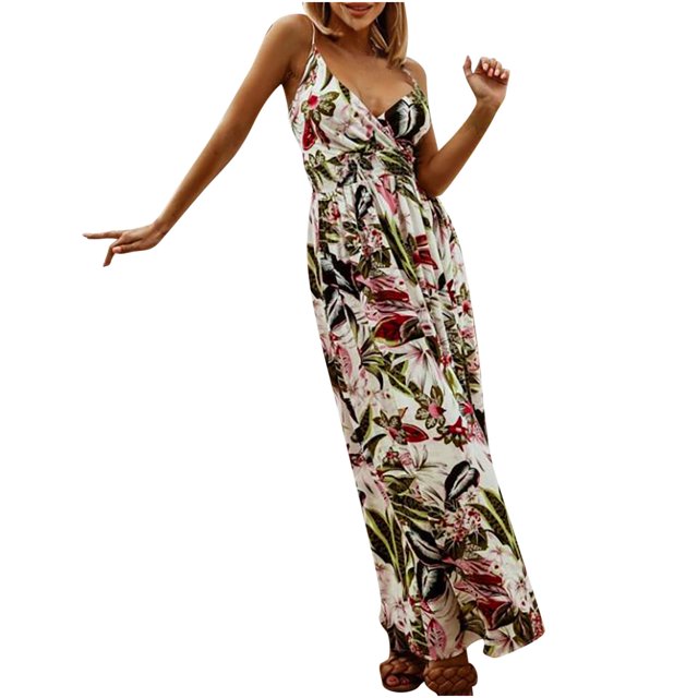 Robes d'Été pour Femmes Décontractées Bohèmes Imprimées à Bretelles à Lacets Longue Robe Dames Sans Manches Robes de Plage