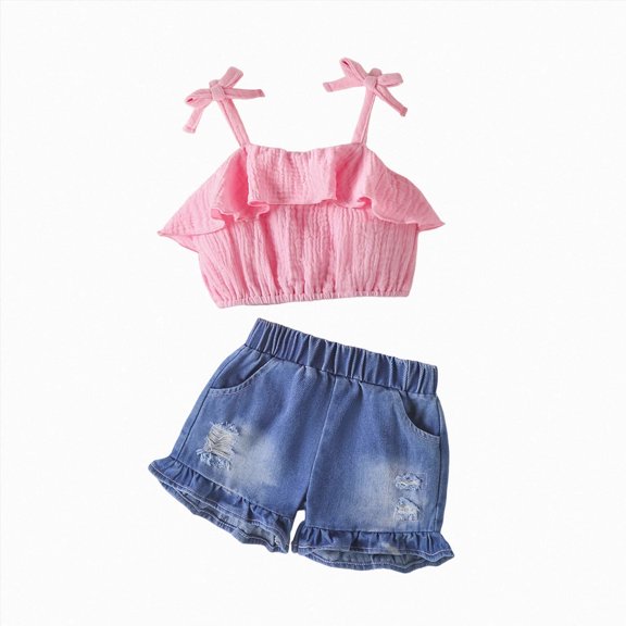 kaprioy Toddler Girl Clothes Toddler Baby Girl Summer Outfit 9 12 18 24 Months 2T 3T 4T Bow Tie Strap Suspender Top and Fringed Shorts 2 Pcs Clothes Set