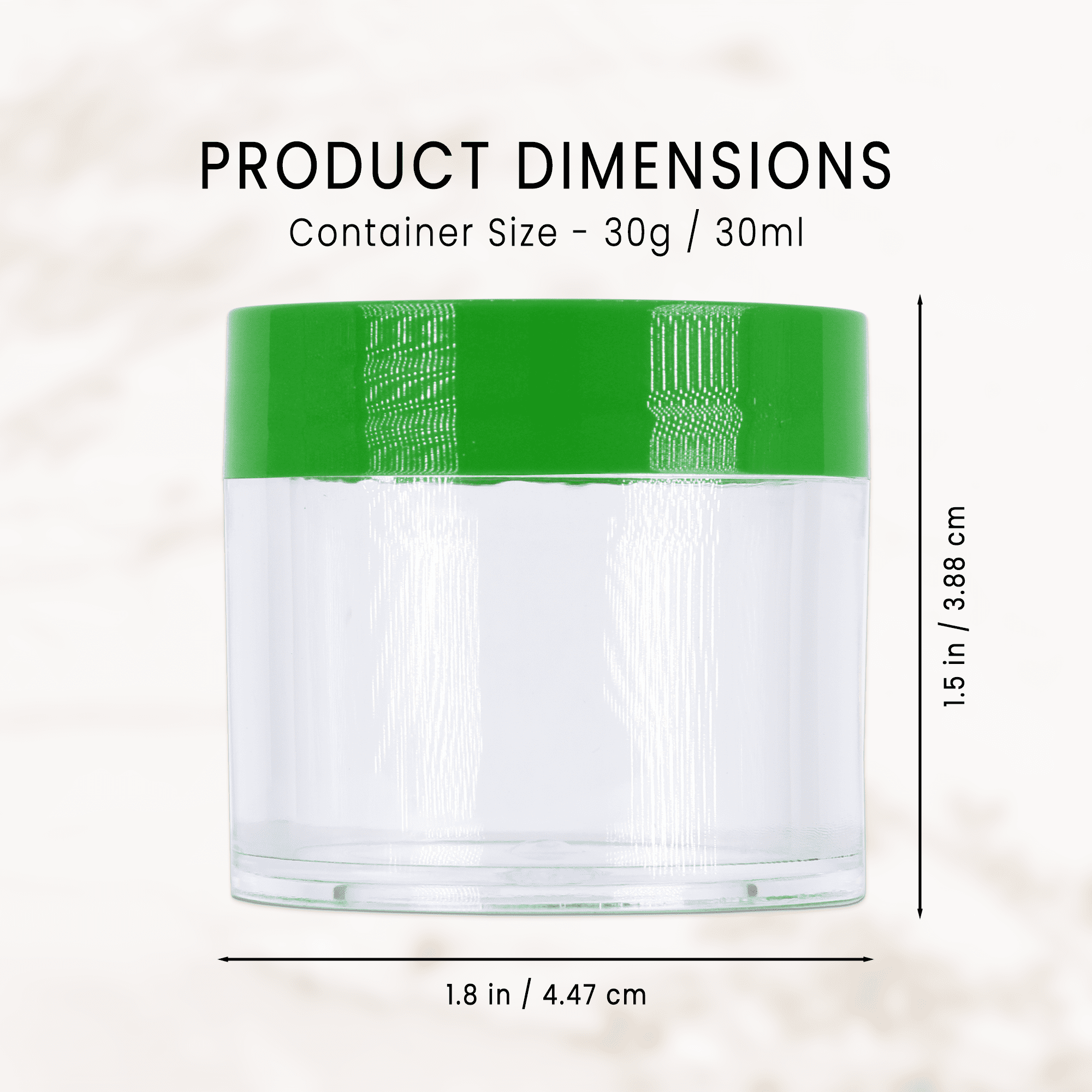 Beauticom 24 Pieces High Quality 30 Gram 30 ml (1 oz) Round Acrylic Makeup Product Sample Travel Jars with Flat Green Lids