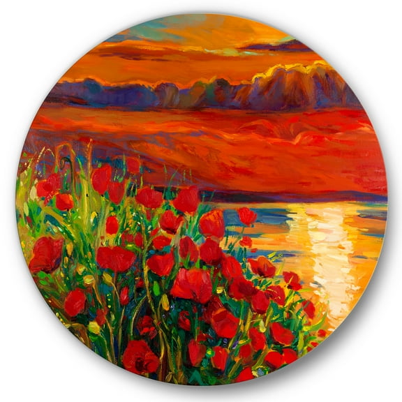 Designart 'Red Poppies By The Ocean During Evening Glow' Nautical & Coastal Circle Metal Wall Art 36x36 - Disc of 36