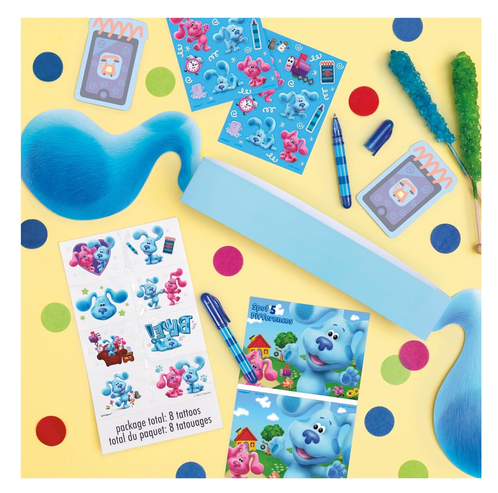 Blue's Clues Birthday Party Supplies Bundle includes 8 Plastic Loot Bags, 48 Piece Party Pack, and 1 Dinosaur Sticker Sheet