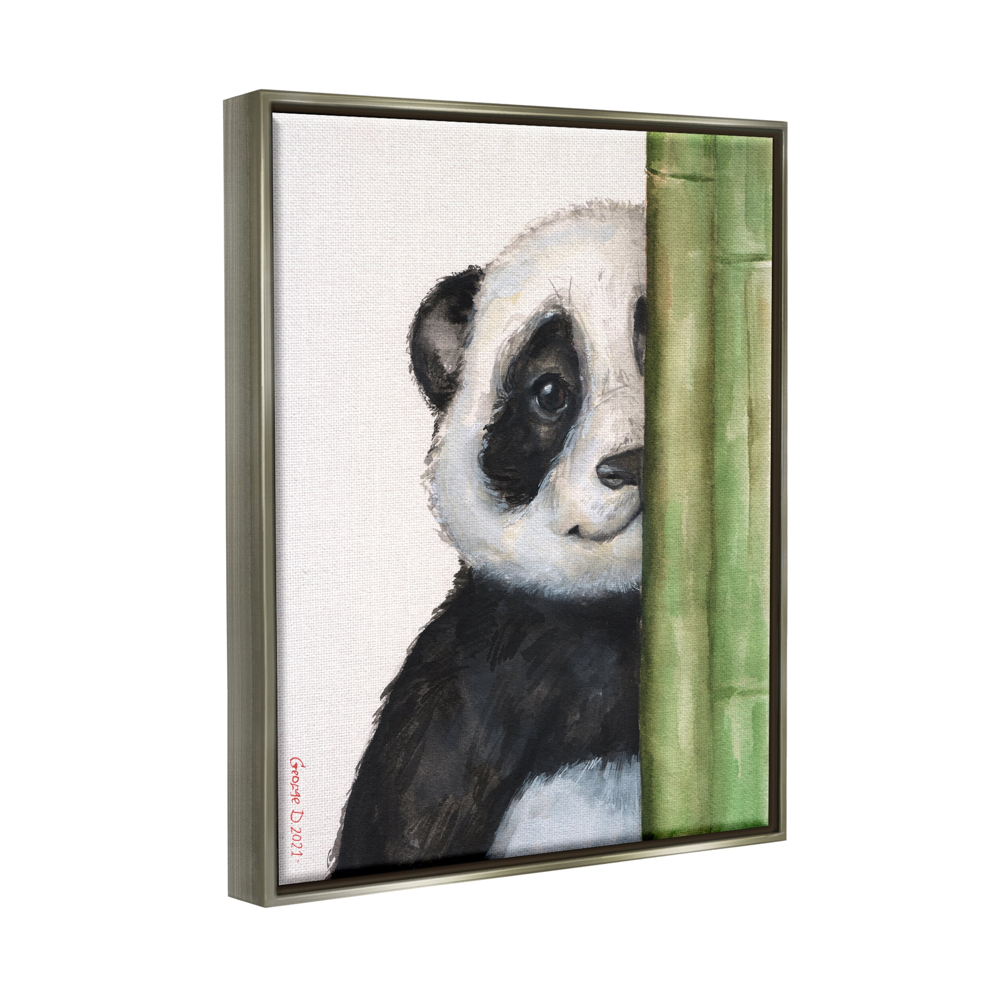 Stupell Industries Panda Bear Peering Around Bamboo Smiling Animal Painting Luster Gray Floating Framed Canvas Print Wall Art, Design by George Dyachenko