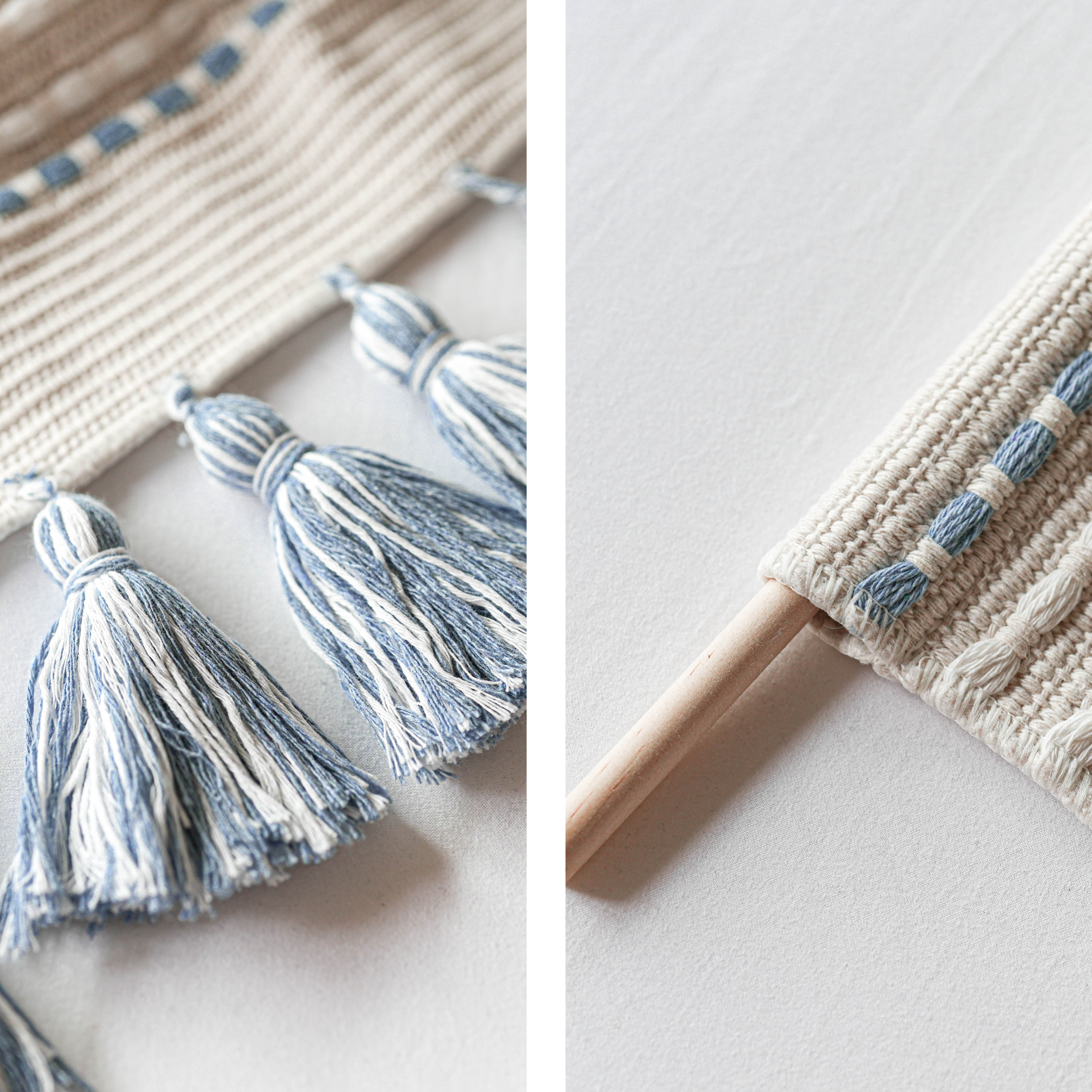 BlissBlush Long Vertical Wall Hanging Tapestry Coastal Blue Woven Boho Farmhouse Décor Tassel Handmade Wall Art Decoration for Bedroom Living Room Dorm Nursery Apartment, 16x39 INCH