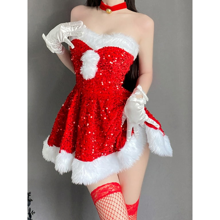 Sexy Mrs Claus Lingerie Red Lace Ruffled Teddy Bodysuit Christmas Cosplay  Costume