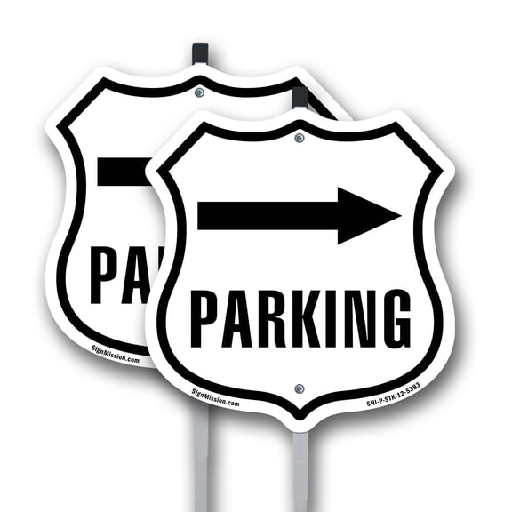 Parking Right (2 Pack) 12 inch X 12 inch Shield Shaped Commercial Grade Plastic Signs with Aluminum Mounting Stakes Weather Resistant Made in the USA