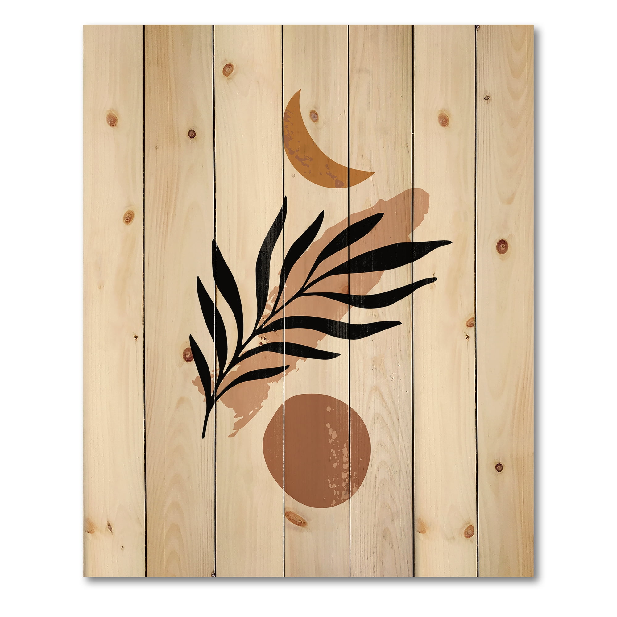 Designart 'Abstact Tropical Palm Leaf, Minimal Sun And Moon I' Modern Print on Natural Pine Wood