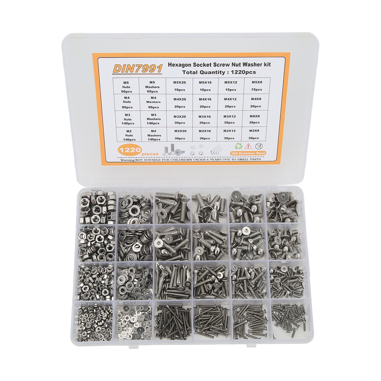 Screw Nut Washer Kit, Hex Socket M2 M3 M4 M5 1220PCS Flat Head Screw Nut Assortment Kit For