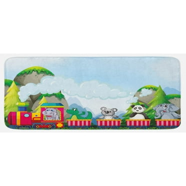 Cartoon Kitchen Mat, Various Animals Riding on Train in the Park with Mountains Illustration, Plush Decorative Kitchen Mat with Non Slip Backing, 47" X 19", Multicolor, by Ambesonne