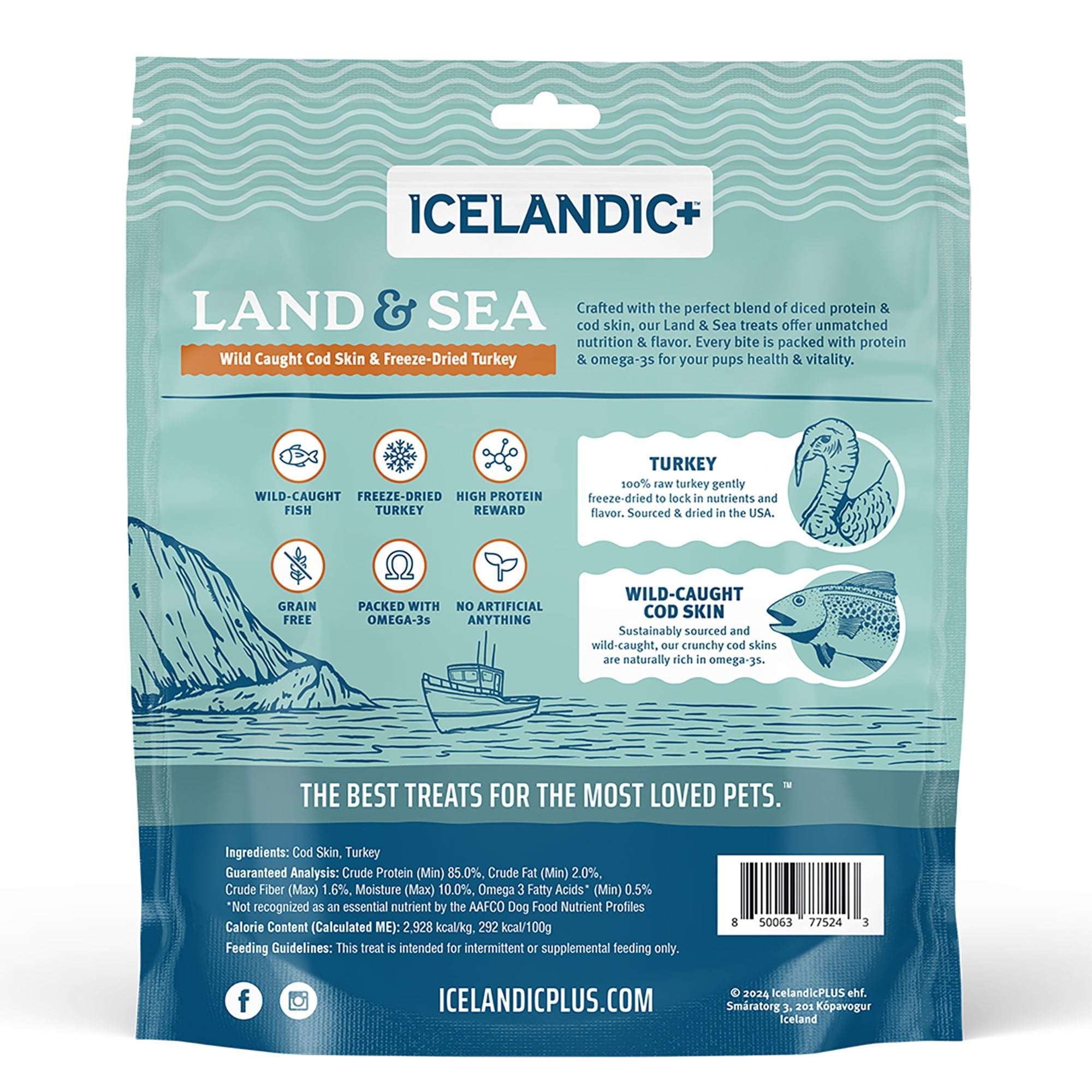 Icelandic+ Land & Sea Wild Caught Cod Skin & Freeze-Dried Turkey - 6.75oz Bag, Dog Treat & Food Topper, 2 Ingredients, No Preservatives, All Natural