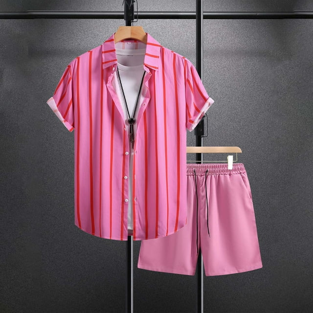 Weiqiqre Men's 2 Piece Striped Outfits Short Sleeve Button Front Shirt and Drawstring Shorts Set