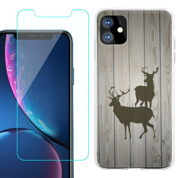 For Apple iPhone 11 Case , Slim-Fit TPU Protective Phone Case with Tempered Glass Screen Protector, by OneToughShield ® - Wood/Deer