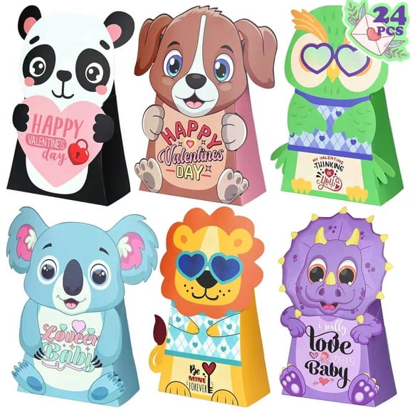 24pcs Valentine Treat Bags, 3D Shape Foldable Valentines Box, 6.1" X 4.1" X 2.04" Small Valentines Gift Bags For Classroom Exchanges, Class Parties And Birthday Parties