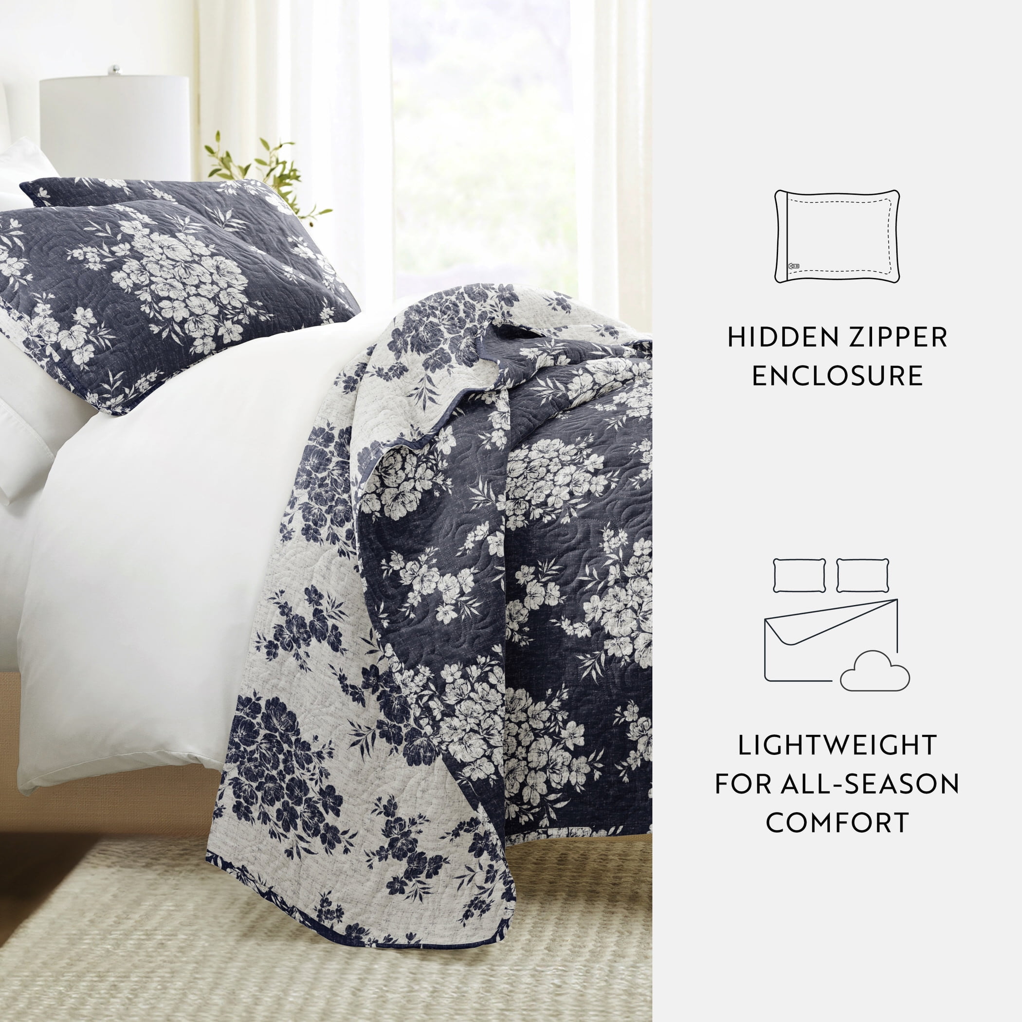 Noble Linens 3-Piece Navy Distressed Bouquet Reversible Quilt Set, King