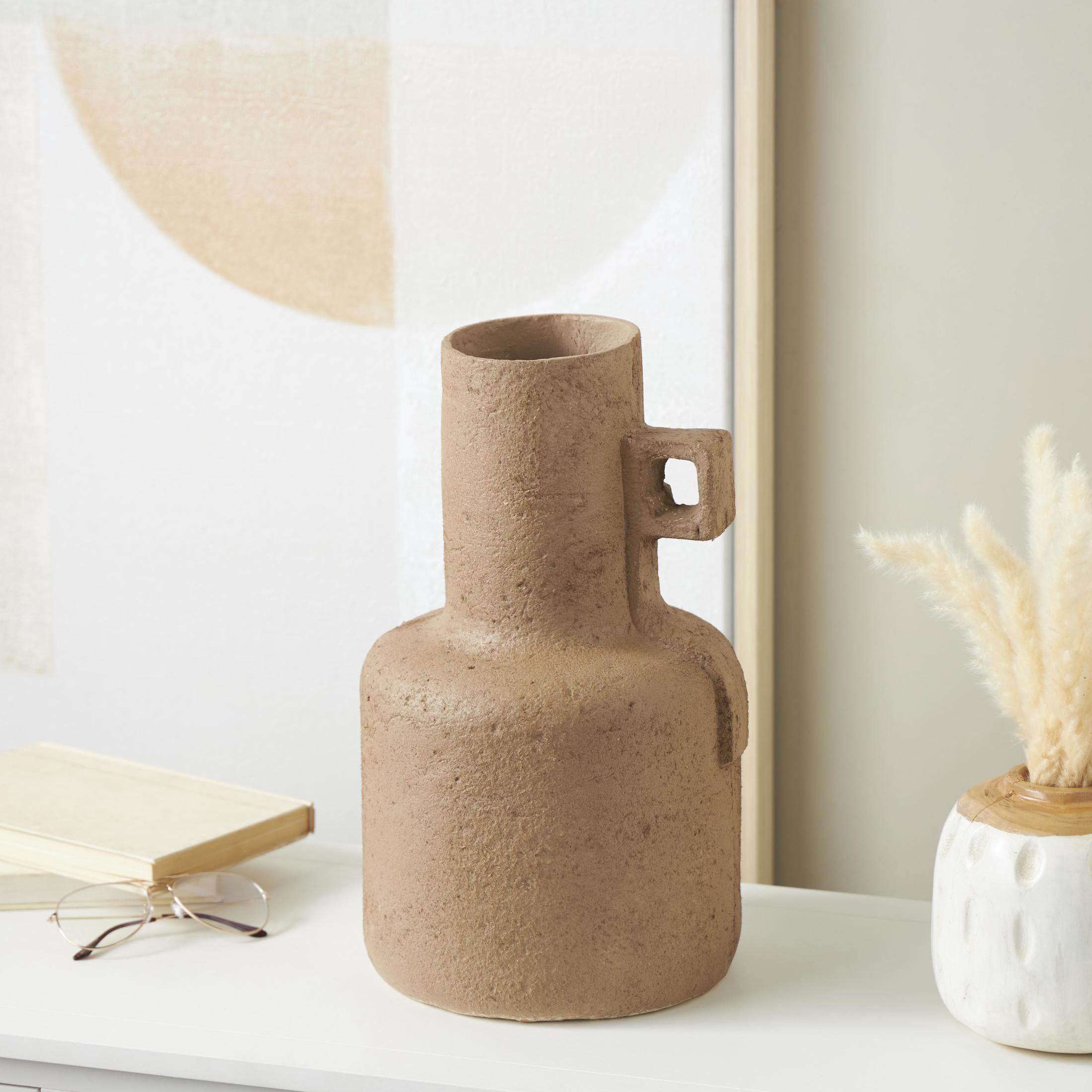DecMode 15" Abstract Distressed Textured Brown Paper Mache Vase with Geometric Handle