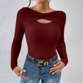 thumbnail image 6 of cfhntfmh Sweaters for Women Fashion Fall Clothes Cutout Tops Long Sleeve Ribbed Slim Fitted Shirts Going Otu Tees（Wine,Large), 6 of 7
