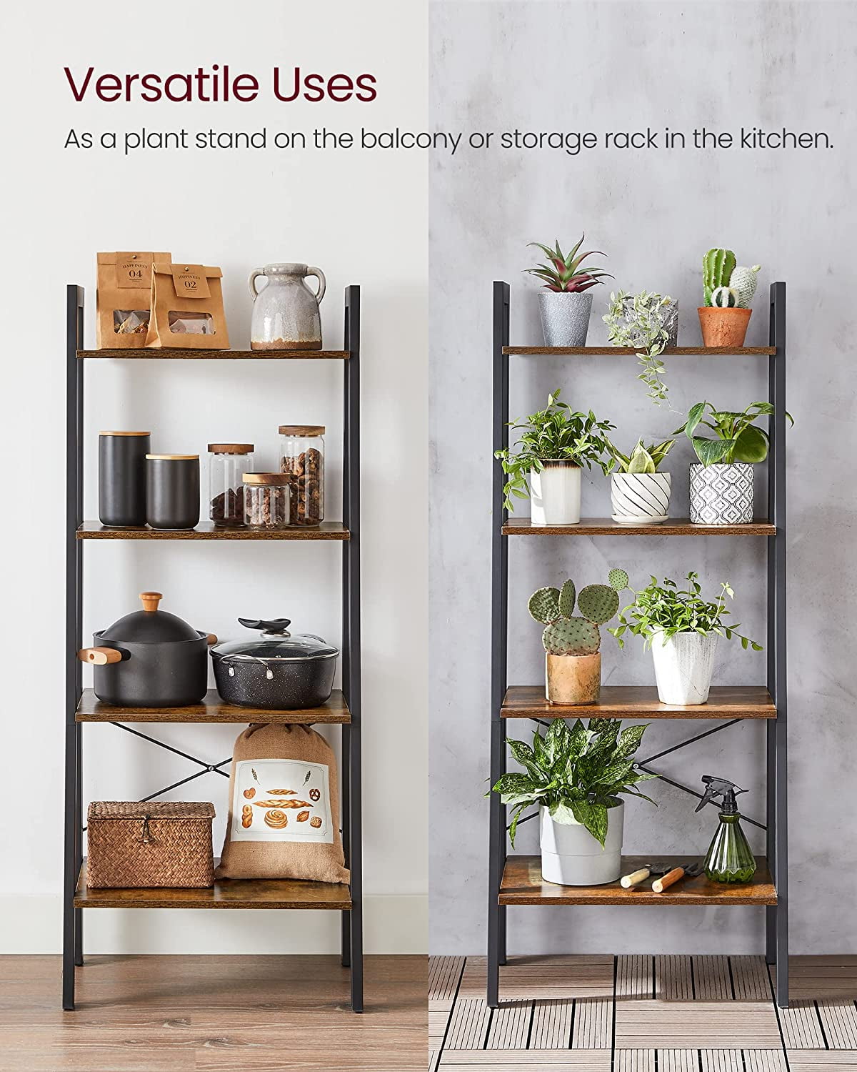 VASAGLE 4-Tier Ladder Shelf Wall Ladder Bookshelf Bookcase Furniture Storage Rack Shelves, Rustic Brown and Black