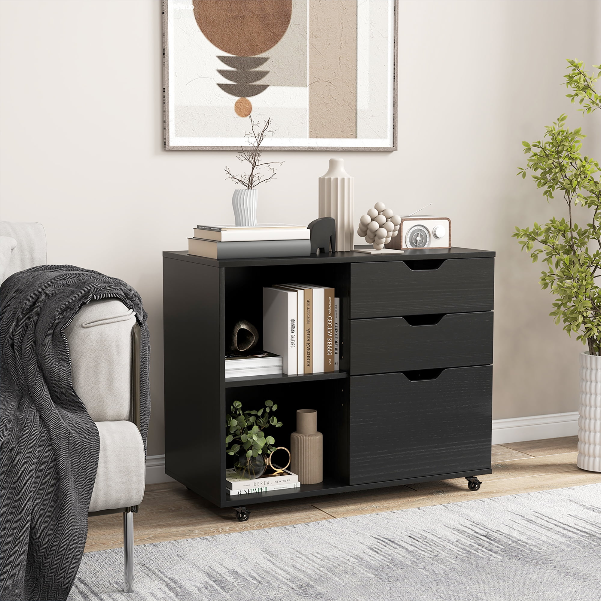 Gymax 3-Drawer Mobile File Cabinet w/ Open Adjustable Storage Shelf for Home Office Black
