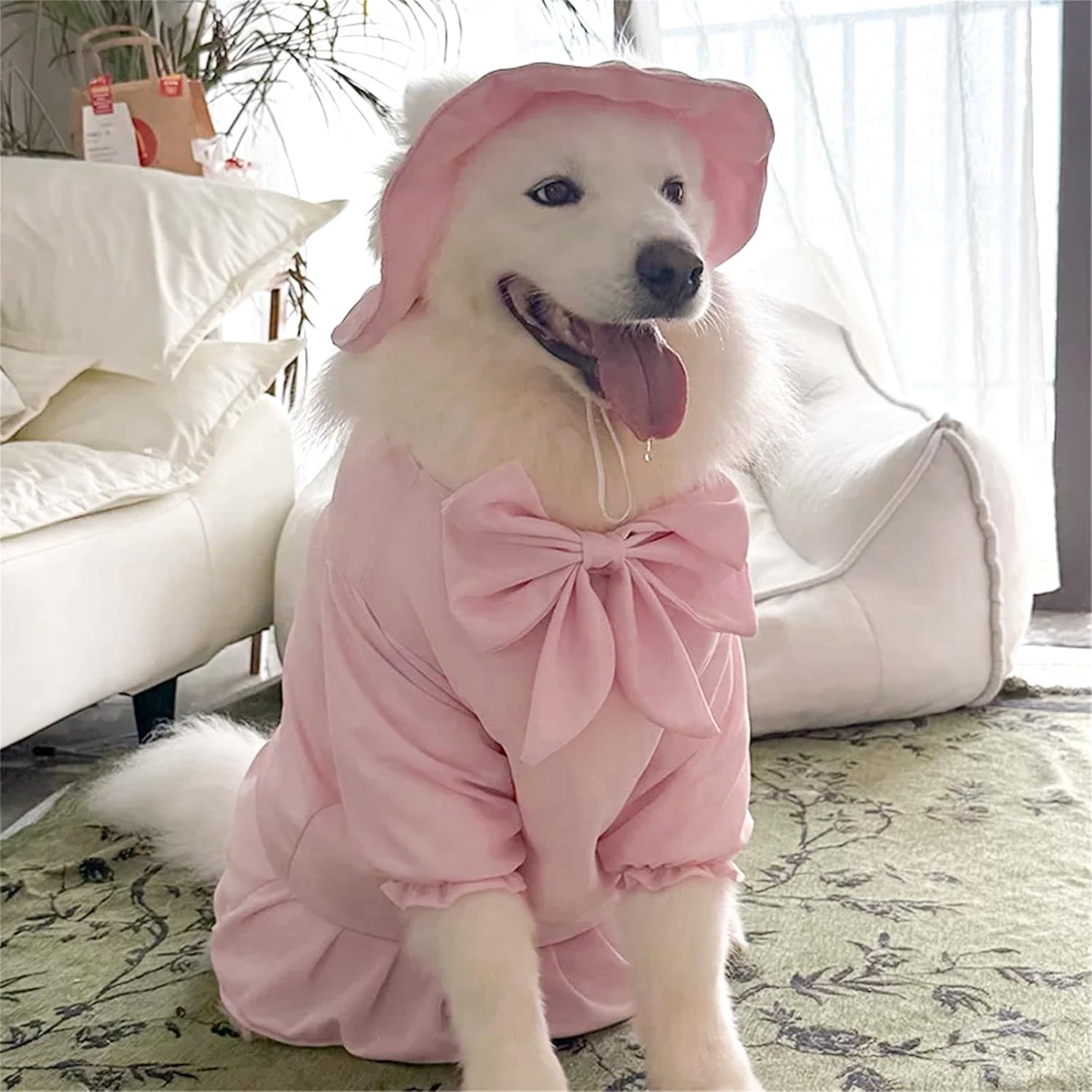 HQREA Pink Dog Princess Dresses for Large Dogs Girl with Bowknot Pretty Summer Valentine Outfit Wedding Birthday Skirt