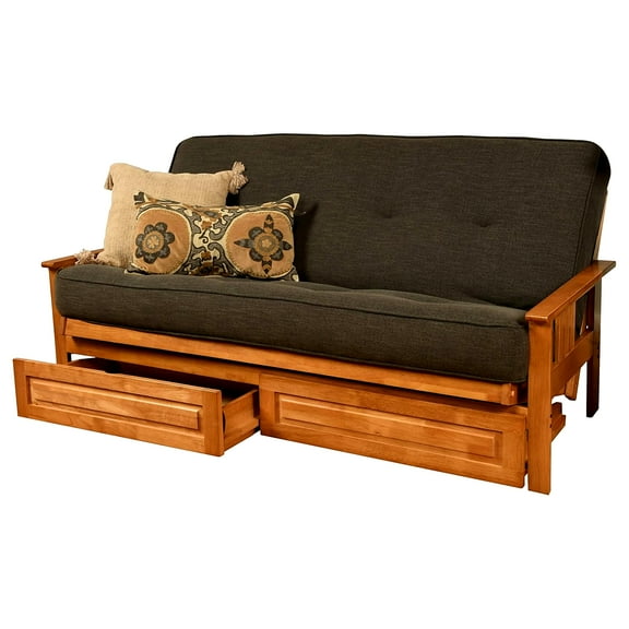 Kodiak KFMODBTLCHALF5MD4 Monterey Butternut Futon Frame with Linen Charcoal Mattress & Storage Drawers - Full Size