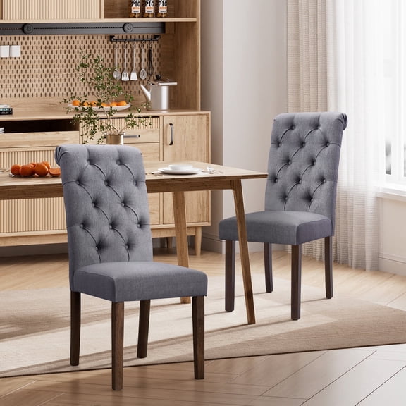 EOP Upholstered Dining Chairs Set of 2, Parsons Fabric Kitchen Chairs with Padded Seat, Button Tufted Armless Dining Side Chairs with Wood Legs, Gray