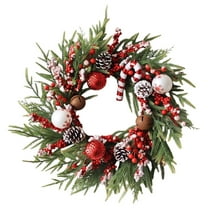 20 Inch Christmas Wreath for Front Door with Candy Canes, Red White Balls, Pinecones and Berries - Norfolk Pine Artificial Wreath for Indoor Outdoor Wall Fireplace Xmas Decor
