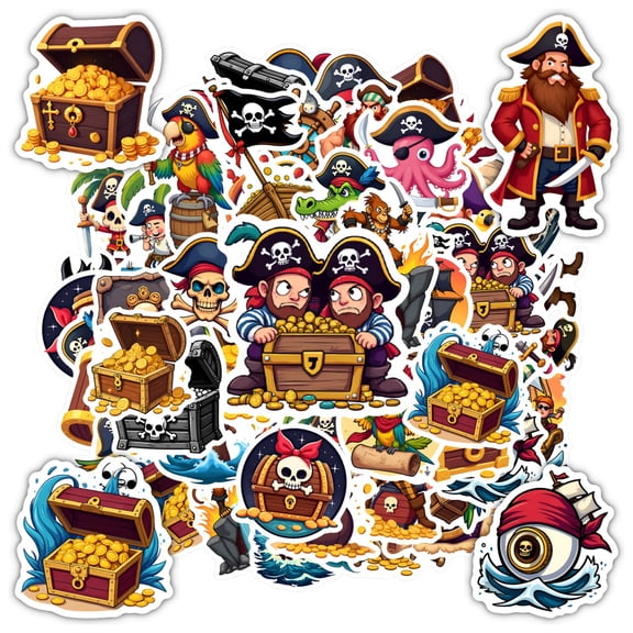 35pcs-50pcs Colorful Pirate Stickers Adventure Sticker Pack Skull PVC Stickers for Laptops Suitcases Guitars