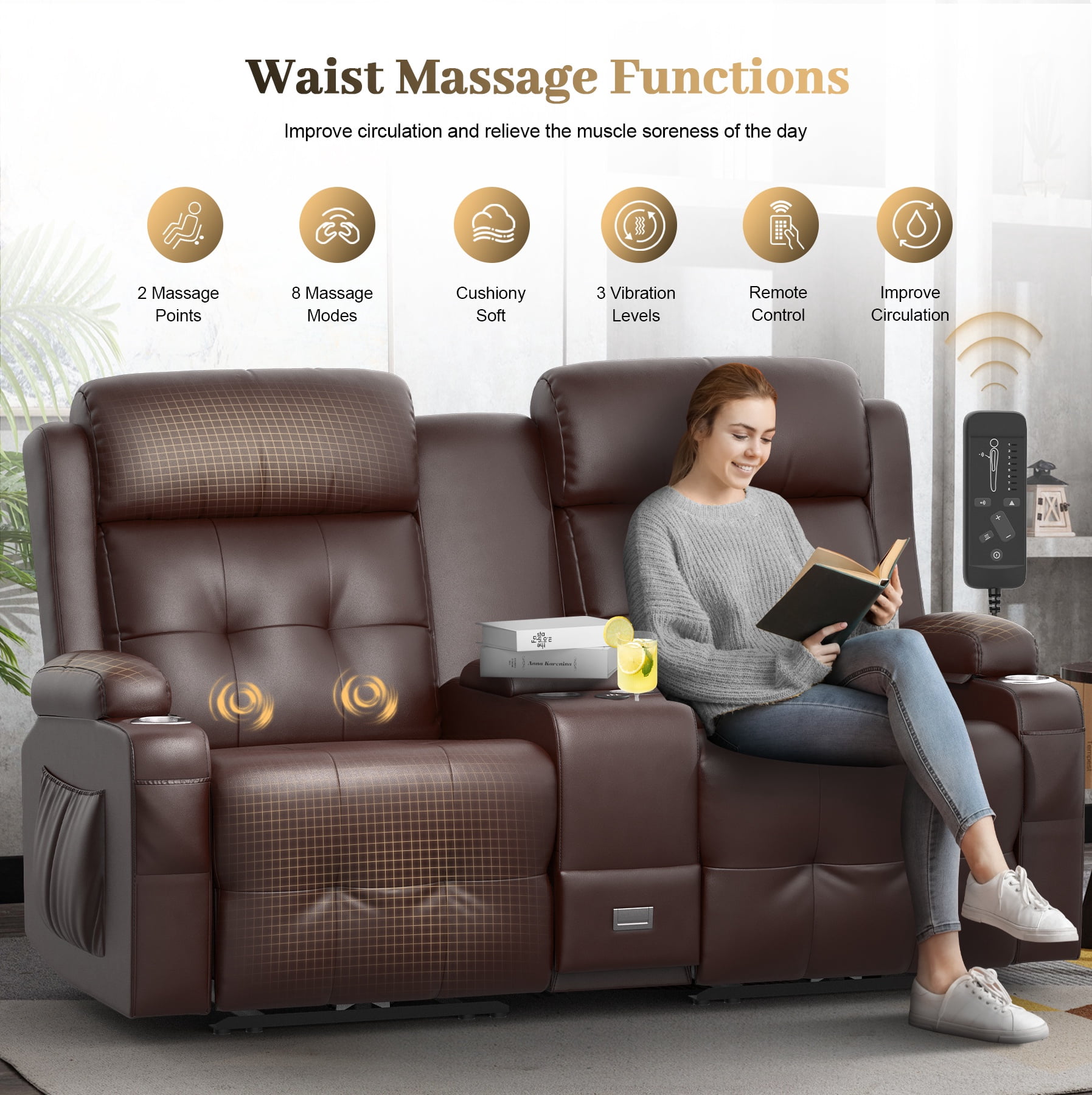 LOBERFVE Loveseat Recliner, 2 Seater Manual Recliner with Cup Holders, USB and Type-C Port, Faux Leather Recliner Chair with Massage Function for Living Room Furniture, Brown