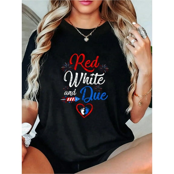 Red White And Due 4Th Of July Pregnancy Independence Day T-Shirt - 100% Cotton T Shirts For Women, Summer Tops, Going Out Cute Summer Tops