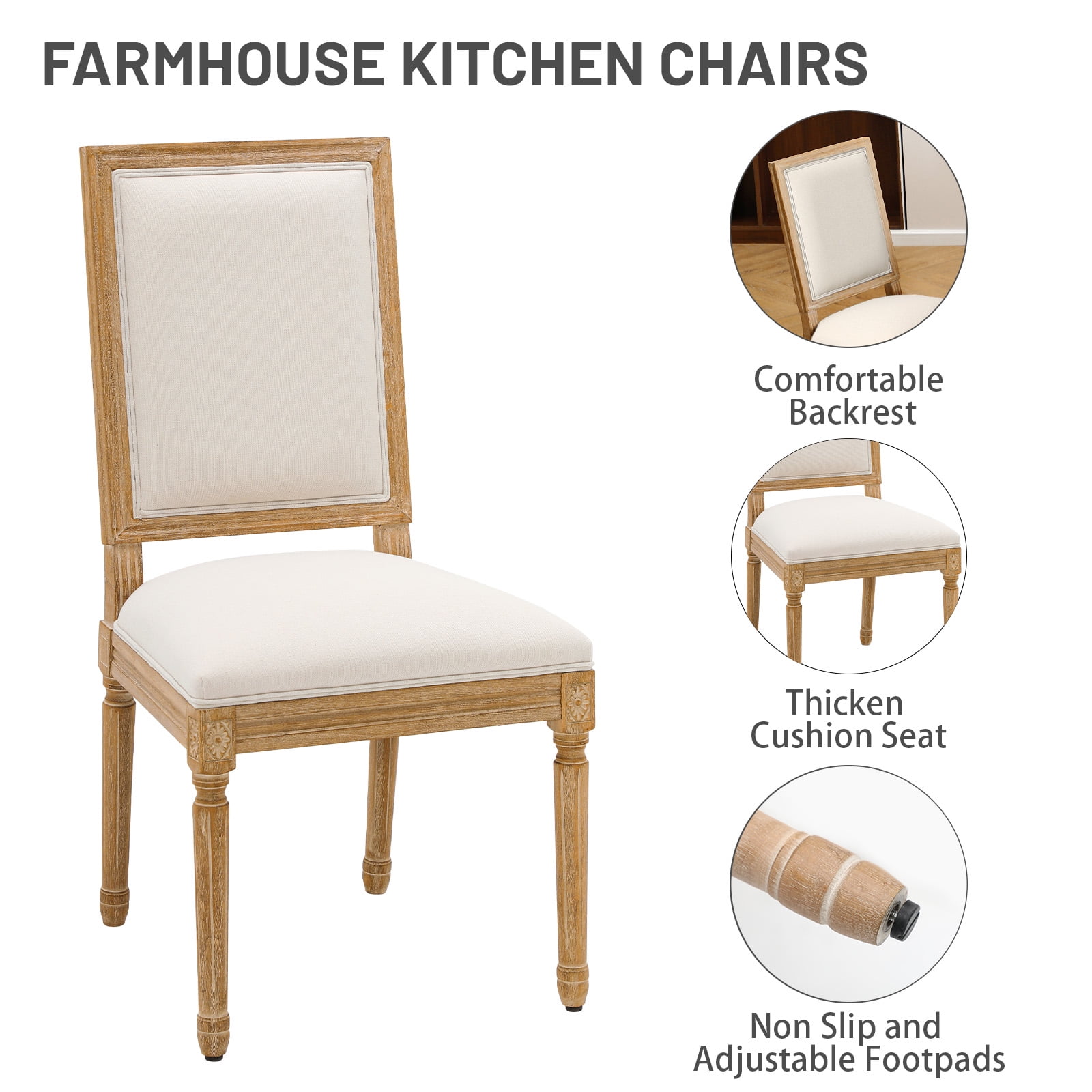 Furniliving French Country Dining Chairs Set of 2, Dining Room Chairs with Rubber Wood Legs, Beige