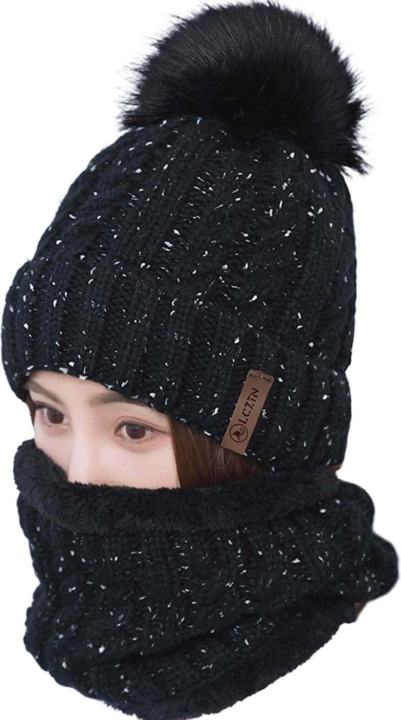 LCZTN Mens Winter Beanie Hat Scarf Set Warm Fleece Lined Knit Ski Hats Slouchy S